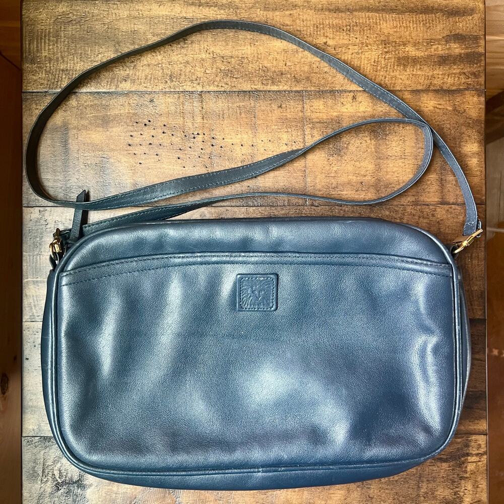 Vintage Anne Klein Leather Crossbody Bag Navy Blue 80s Gold Hardware Small Purse - Picture 16 of 16